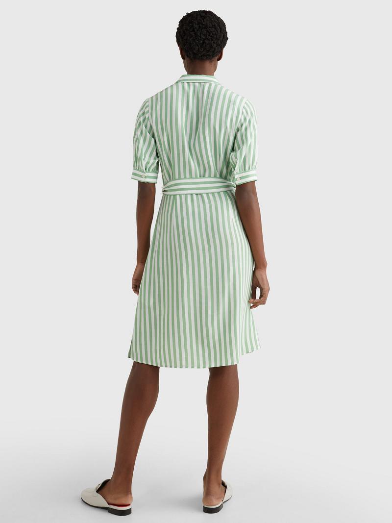 Női Tommy Hilfiger Stripe Tie-Derekú Shirtdress Dresses Zöld | HU 128GSO